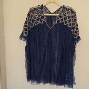 Free People Navy Embellished Mesh Women's Top